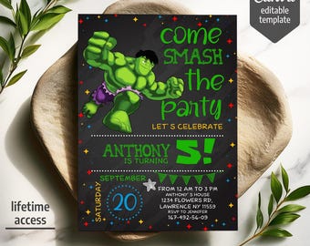 Printable boy birthday invitation, Superhero birthday invite, Incredible Hulk editable invitation, Avengers Birthday Party