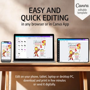 Puede incluir: Un tel&eacute;fono inteligente, una computadora port&aacute;til y una tableta que muestran una plantilla de invitaci&oacute;n de cumplea&ntilde;os digital con un personaje de superh&eacute;roe. El texto dice EASY AND QUICK EDITING in any browser or in Canva App y Edit on your phone, tablet, laptop or desktop PC, download and print in few minutes or send it digitally.