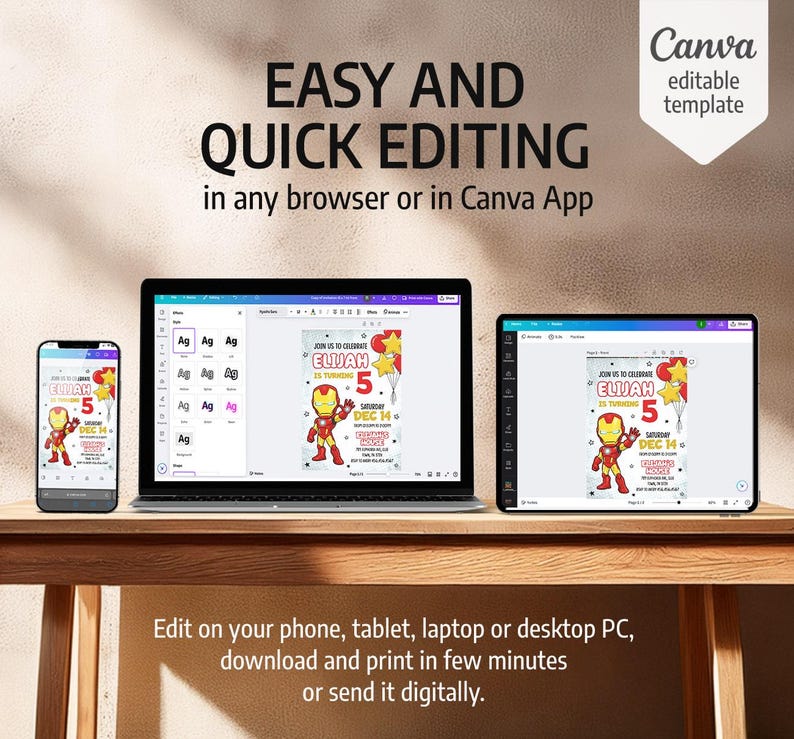 Puede incluir: Un tel&eacute;fono inteligente, una computadora port&aacute;til y una tableta que muestran una plantilla de invitaci&oacute;n de cumplea&ntilde;os digital con un personaje de superh&eacute;roe. El texto dice EASY AND QUICK EDITING in any browser or in Canva App y Edit on your phone, tablet, laptop or desktop PC, download and print in few minutes or send it digitally.