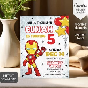 Puede incluir: Una plantilla de invitaci&oacute;n de cumplea&ntilde;os con un personaje de Iron Man, globos rojos y amarillos y estrellas sobre un fondo gris claro. El texto dice: JOIN US TO CELEBRATE ELIJAH IS TURNING 5, SATURDAY DEC 14, FROM 12:30PM TO 2:00PM, ELIJAH'S HOUSE, 789 EUPHORIA AVE, GLEE TOWN, TN 37211, RSVP TO AVERY 456.456.4567.