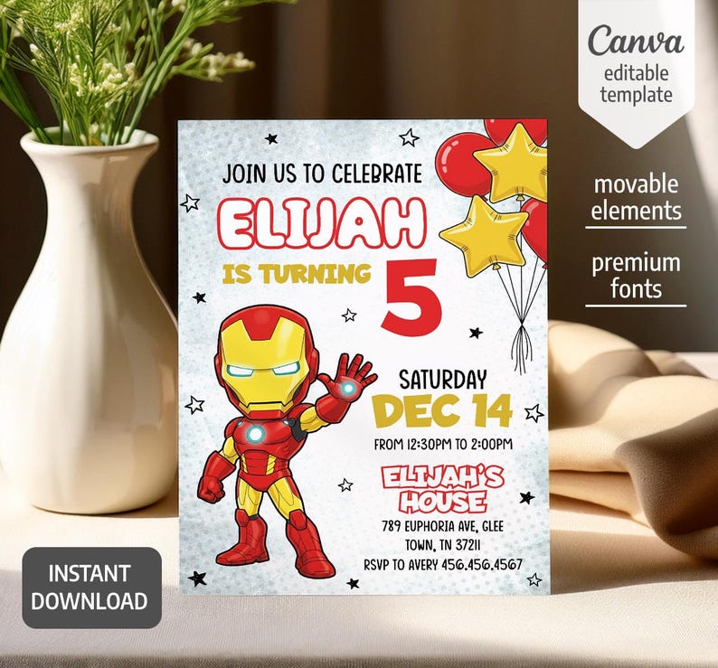 Puede incluir: Una plantilla de invitaci&oacute;n de cumplea&ntilde;os con un personaje de Iron Man, globos rojos y amarillos y estrellas sobre un fondo gris claro. El texto dice: JOIN US TO CELEBRATE ELIJAH IS TURNING 5, SATURDAY DEC 14, FROM 12:30PM TO 2:00PM, ELIJAH'S HOUSE, 789 EUPHORIA AVE, GLEE TOWN, TN 37211, RSVP TO AVERY 456.456.4567.