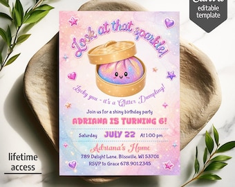 Glitter Dumpling birthday invitation, kawaii cute dumpling party invite, printable editable sparkle party template, girl bday
