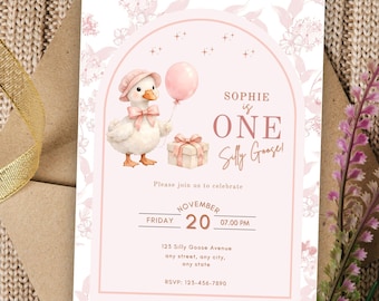 Invitación de cumpleaños editable de Silly Goose / Fiesta de primer cumpleaños de niña de acuarela / Canción infantil de cumpleaños / Descarga digital