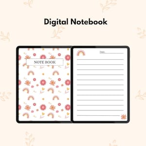 May include: Digital notebook with a white cover featuring a pattern of pink flowers and rainbows. The open page displays lined paper with a rainbow and the word "Date." at the top. The text "Digital Notebook" is at the top.