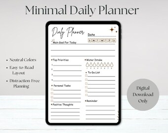 Planificador diario minimalista imprimible / Lista de tareas, Registro de consumo de agua / Descarga digital / A4/Carta EE. UU.