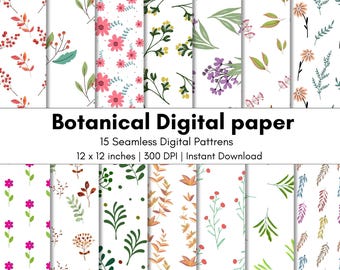 Paquete de papel digital botánico / 15 patrones florales sin costuras / 30 x 30 cm / Descarga digital instantánea