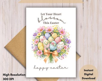 Tarjeta de Pascua con huevos florales / Felices Pascuas / Tarjeta de Pascua imprimible / Descarga instantánea