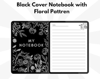 Libreta digital negra / Libreta minimalista floral de 200 páginas / Elegante portada con dibujo lineal / Frase motivacional