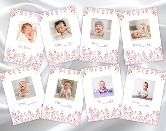 Tarjetas imprimibles para hitos del bebé / Set de tarjetas florales / Primer cumpleaños de niña / Descarga digital instantánea