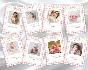 Tarjetas de hitos del bebé / Tarjeta de cuadros rosas / Accesorios para fotos del primer año / Plantilla editable / Descarga digital