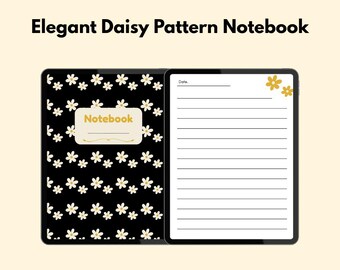 Elegante cuaderno con estampado de margaritas negras / Diario rayado de 200 páginas / Descarga rápida en PDF