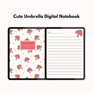 May include: A digital notebook featuring a pattern of pink umbrellas and yellow leaves on a white background. The cover has a red rectangle with the word "NOTEBOOK". The text "Cute Umbrella Digital Notebook" is displayed at the top.