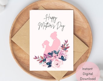 Tarjeta floral rosa para el Día de la Madre / Tarjeta imprimible / Silueta de acuarela / Descarga digital instantánea