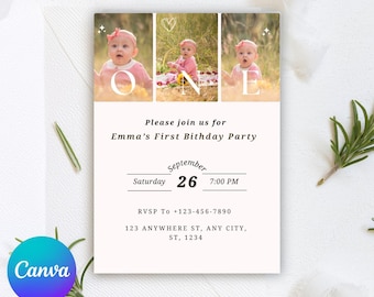 Invitación de primer cumpleaños / Plantilla de invitación con foto / Invitación digital / Descarga digital