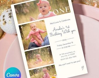 Plantilla de invitación de primer cumpleaños / Invitación con collage de fotos / Cumpleaños de niña rosa (UNO cumpleaños) / Descarga digital