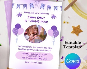 Invitación de cumpleaños morada para niñas / Invitación editable en Canva / Invitación de cumpleaños infantil / Descarga digital