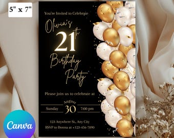 Invitación de cumpleaños número 21 / Invitación para fiesta de cumpleaños / Tarjeta negra y dorada / Tarjeta de hito / Descarga digital