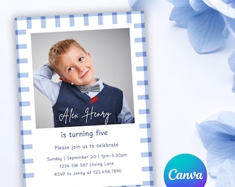 Invitación de cumpleaños para niño editable / Invitación con foto a cuadros azules / Descarga digital