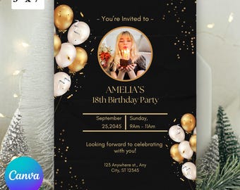 Invitación de cumpleaños editable en negro y dorado / Invitación elegante para fiesta con foto / 18º cumpleaños / Descarga digital