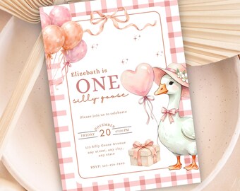 Invitación de primer cumpleaños de Silly Goose / Fiesta de primer cumpleaños de niña en acuarela / Invitación a cuadros vichy / Descarga digital