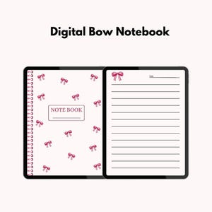 May include: Digital Bow Notebook. A digital notebook with a white cover adorned with pink bows. The notebook is open to reveal lined pages. The text "NOTE BOOK" is visible on the cover. The title "Digital Bow Notebook" is at the top.