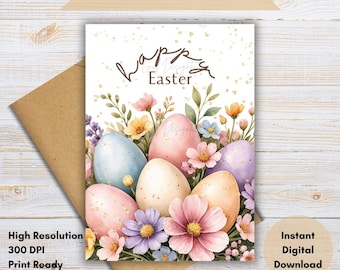 Tarjeta de Pascua con flores / Saludo primaveral en acuarela pastel / Tarjeta de Pascua imprimible / Descarga instantánea