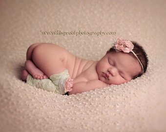Cool Mint Green & Pale Pink Embellished Stretch Lace Leggies/Leg Warmers and Headband Set Newborn Baby Child Photo Prop