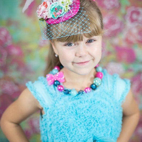 Hot Pink, Aqua, White, Orange and Green Fascinator Hat Photo Prop w/ Fabric Flowers, Birdcage Veil, Ostrich, Peacock Feathers