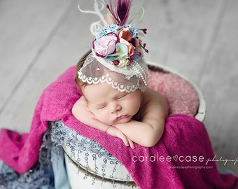 Cranberry, Dusty Pink, Pale Blue & Ivory Fascinator Hat Photo Prop w/ Fabric Flowers, Lace Veil, Peacock, Ostrich, Goose Feathers