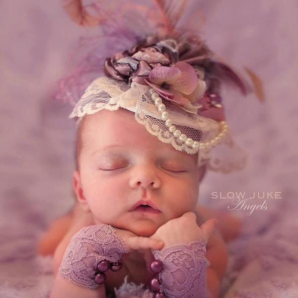 Dusty Lavender, Dusty Rose and Gray Fascinator Hat Photo Prop w/ Singed Satin Flower, Rolled Rosette, Lace Veil, Strand of Pearls, Feathers