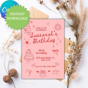 Rozerode verjaardagsuitnodiging, girly minimalistische canvassjabloon (digitale afdrukbare 5 x 7, 1080 x 1920 px)