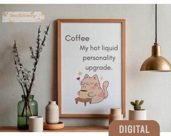 Funny Coffee Cat Poster | Vintage Kitchen Print (Digital Download)