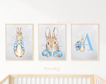 Blue Bunny Nursery Prints, Vintage Storybook Art (Digital Download Set of 3)