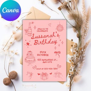 Invito di compleanno rosa e rosso, modello minimalista femminile Canva (stampabile digitale 5x7, 1080x1920 px)