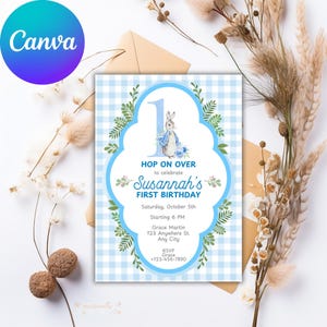 Invitación de primer cumpleaños de conejito, cuadros azules, plantilla editable de Canva (descarga digital, imprimible, 5x7, 1080x1920 px)