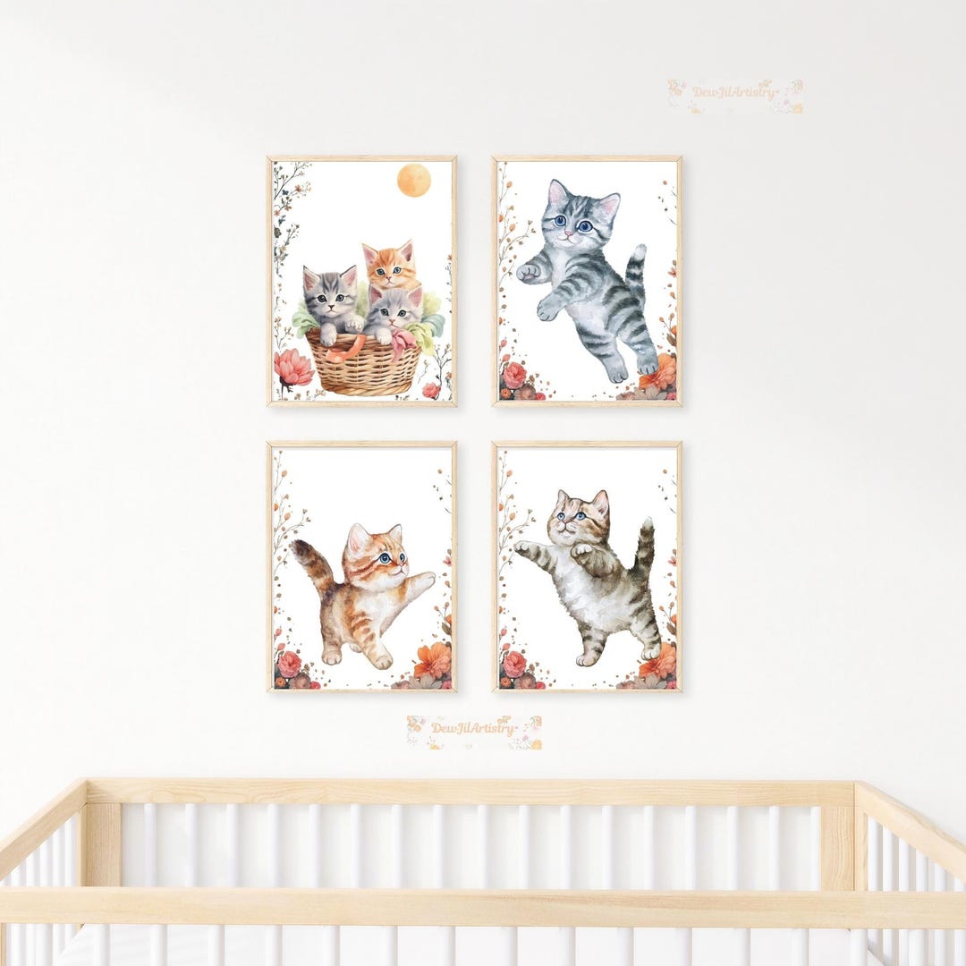 Watercolor Kitten Nursery Art Prints, Playful Cat Decor (digital ...