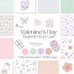 Pode incluir: Uma coleção de imagens digitais com o tema do Dia dos Namorados. O design inclui borboletas, corações e caixas de presente em cores pastel. O texto diz "Valentine's Day" e "Butterfly Heart Love". As imagens são rotuladas como 9 padrões PNG sem costura e 10 imagens PNG.
