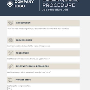 Może przedstawiać: Szablon dokumentu Standardowej Procedury Operacyjnej (SOP). Dokument zawiera sekcje dotyczące wprowadzenia, nazwy procesu, użytych narzędzi, odpowiednich linków i kroków procesu. Na górze znajduje się logo firmy i tytuł "Standardowa Procedura Operacyjna".