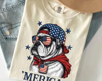 Merica Bulldog , Funny Patriotic Dog Tee, American Flag Bulldog Tshirt, Retro 4th Of July Tee, USA Puppy Lover Shirt