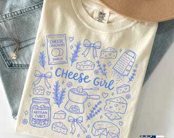 Cheese Girl Shirt, Comfort Colors Cute Doodle Graphic Tee, Funny Cheese Lover Gift Shirt, Whimsical Foodie Tee for Women