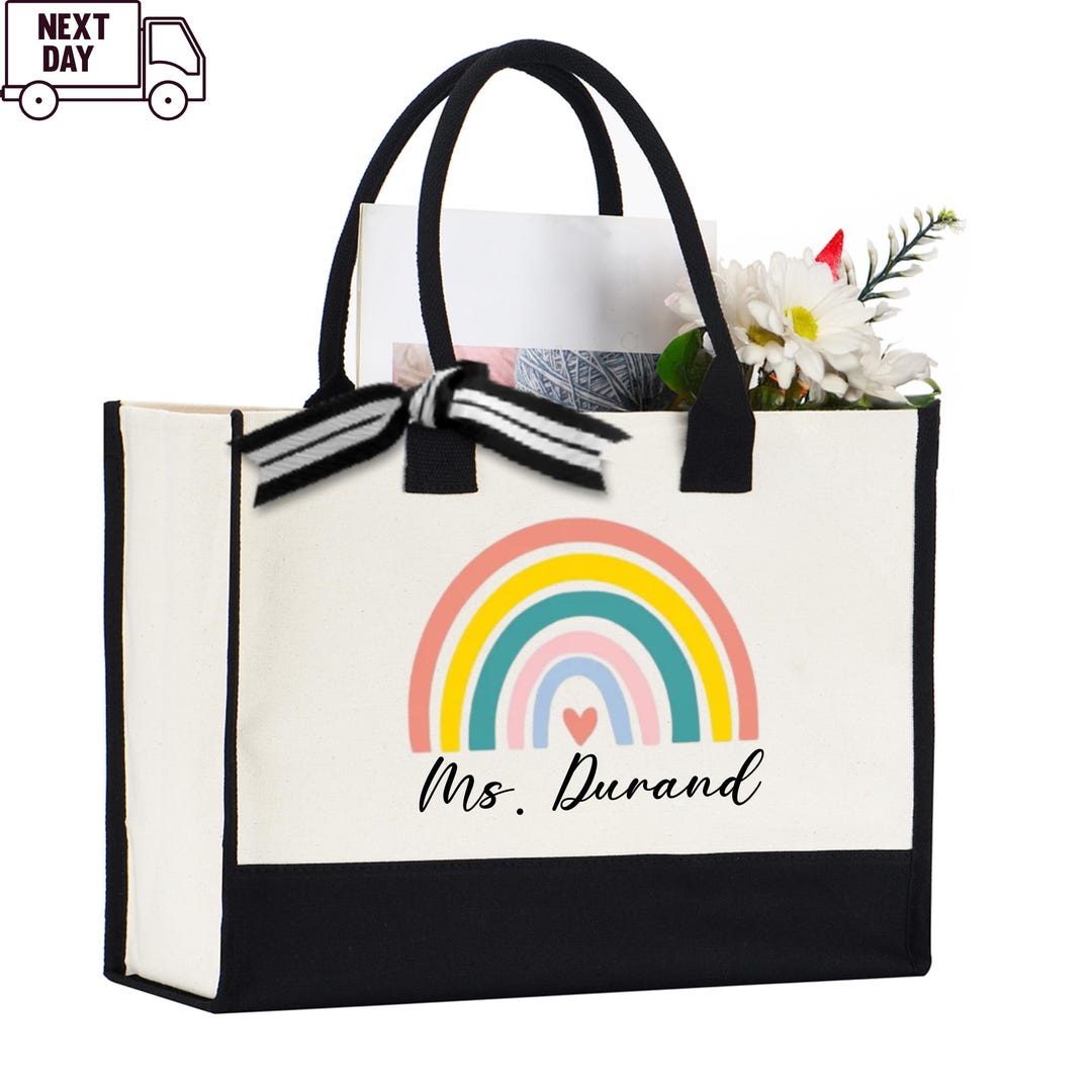 Custom Teacher Tote Bag With Name, Personalized Teacher Gift, Rainbow ...