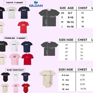 May include: A product image showcasing Gildan brand t-shirts and baby bodysuits in various colors, including black, white, navy, and red. Size charts for youth, toddler, and baby sizes are also displayed, detailing chest and length measurements in inches.