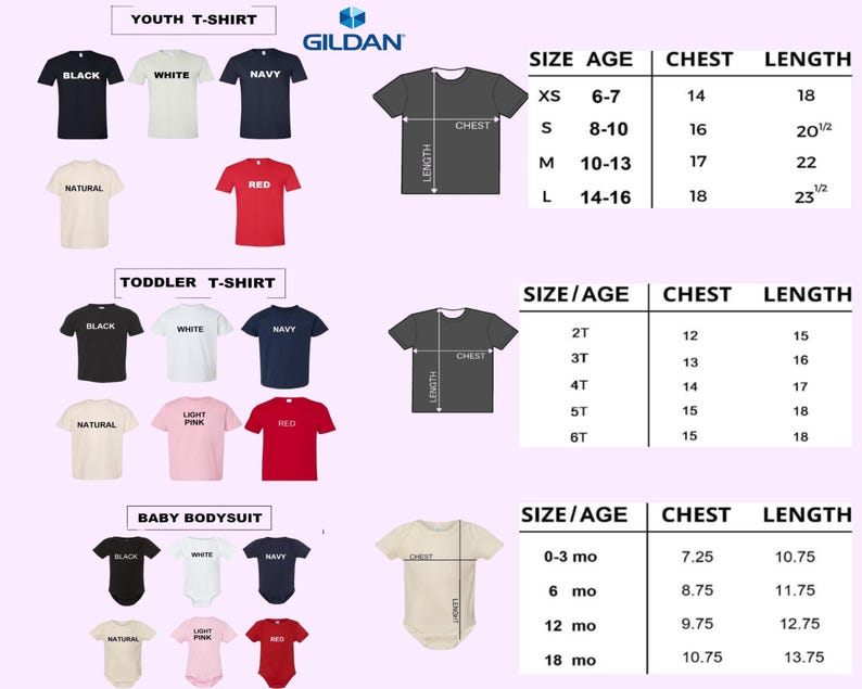 May include: A product image showcasing Gildan brand t-shirts and baby bodysuits in various colors, including black, white, navy, and red. Size charts for youth, toddler, and baby sizes are also displayed, detailing chest and length measurements in inches.
