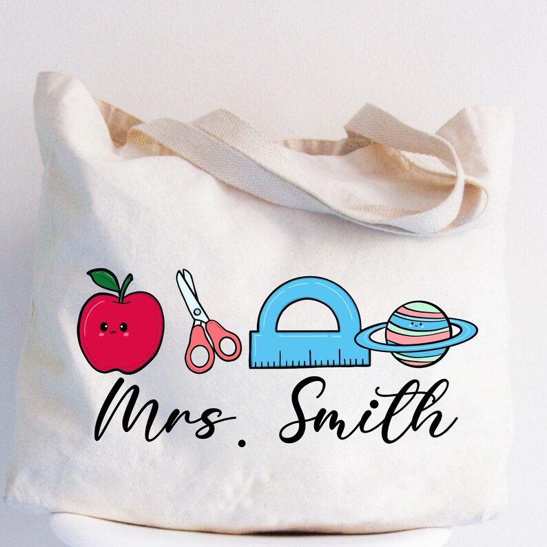 Personalized Teacher Tote Bag With Cute School Icons, Custom Name ...