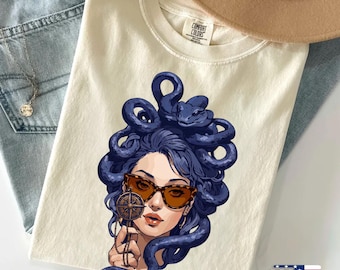 Comfort Colors® Mythological Snake-Haired Goddess T-Shirt, Medusa with Glasses Printed Graphic T-Shirt, Women's Empowerment Medusa T-Shirt