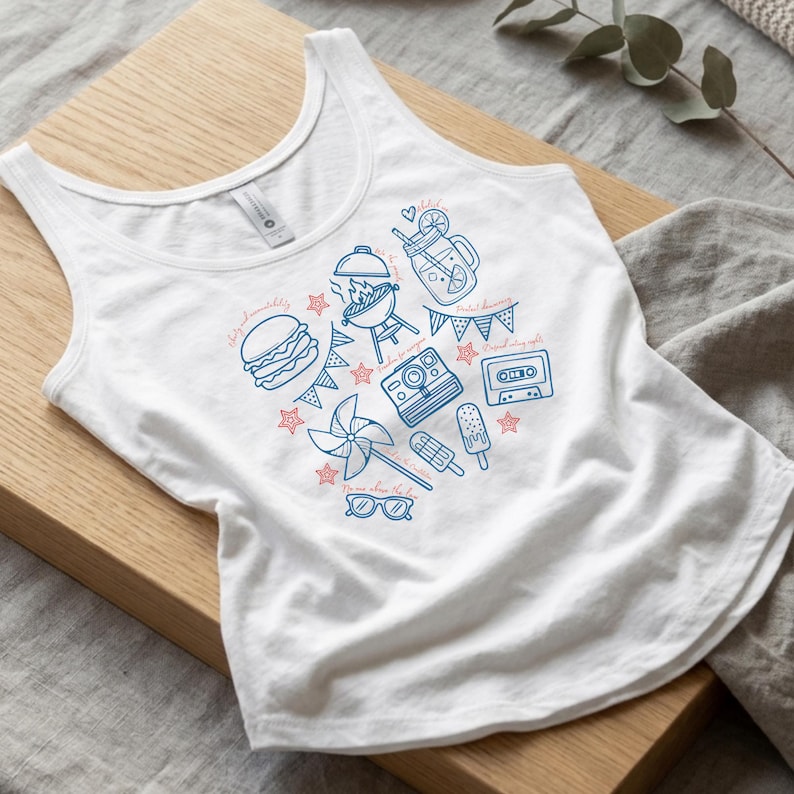 A white tank top with a graphic design featuring various icons and illustrations, including a hamburger, a windmill, a cassette tape, and other summer-themed elements.