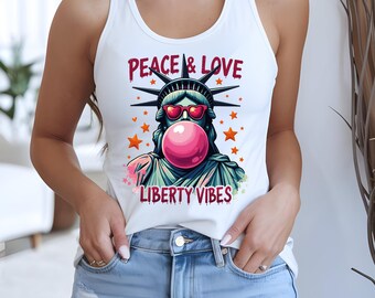Peace Love Liberty Vibes Tank Top, Retro 4th of July Sleeveless, Cute Statue of Liberty Shirt, Patriotic Bubblegum Tank, Trendy Summer