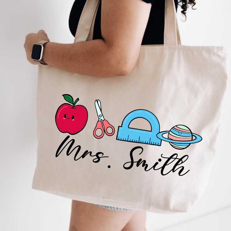 Personalized Teacher Tote Bag With Cute School Icons, Custom Name ...