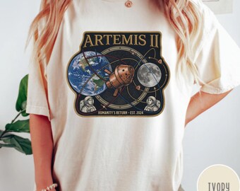 Faux-Embroidery Artemis II Mission Patch Shirt, Stitched-Effect NASA Space Program Tee, Retro Lunar Habitation Aesthetic Astronaut Gift Top