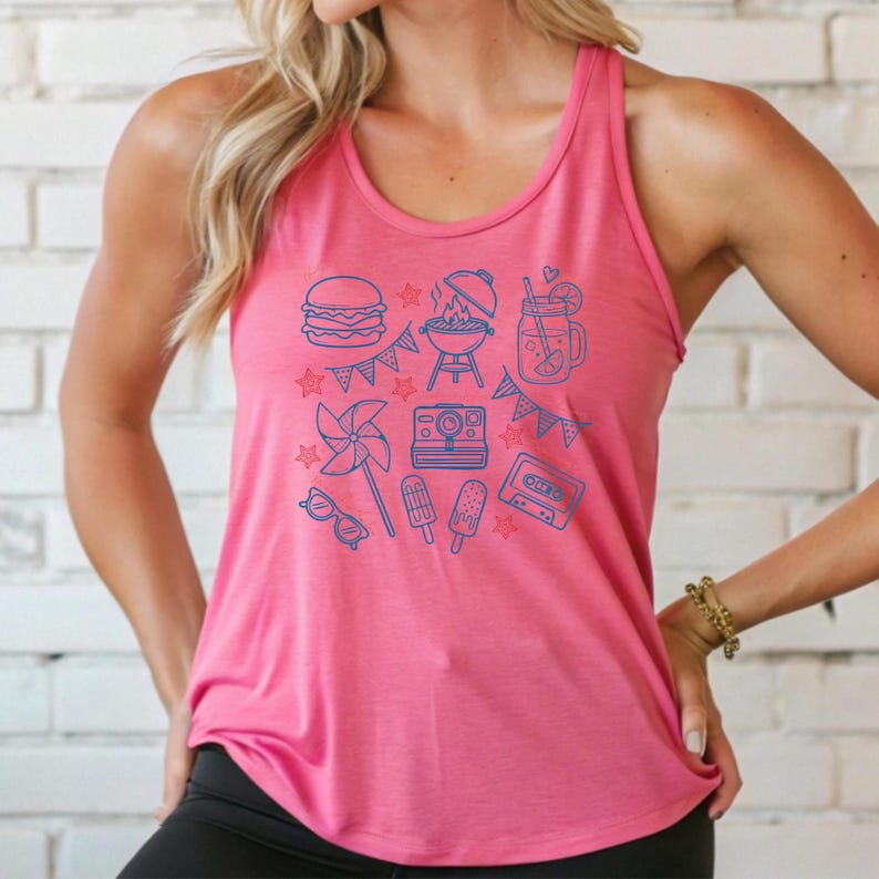 A woman wearing a pink tank top with various icons and illustrations printed on it.